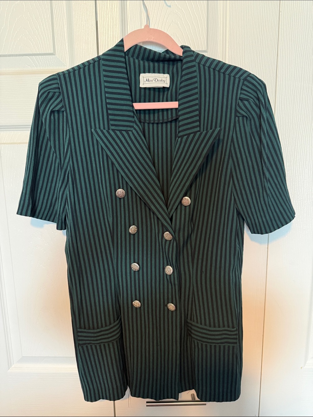 Miss Dorbel Green & Black Striped Double-Breasted Blazer
